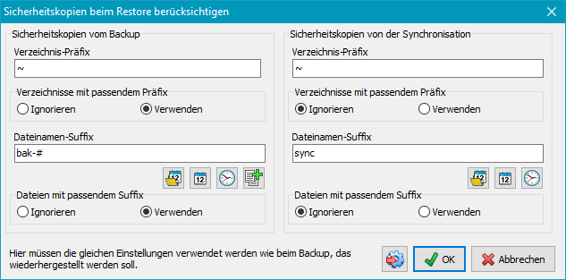 Sicherheitskopien auswählen